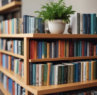 A shelf displays a collection of books on pharmacology, flanked by two white statue bookends in the shape of classical heads and a stone bust of a classical figure. A small green plant in a woven basket adds a touch of natural color.