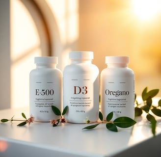 Tres botellas blancas de Vitamina E, Vitamina D3 y Oregano.