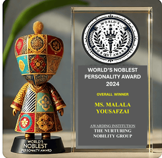 World's Noblest Personality Award 2024 trophy and plaque for Ms. Malala Yousafzai.