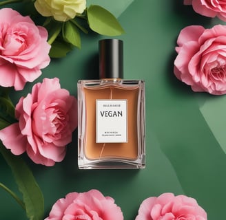 a bottle of perfume sitting on top of a red ribbon