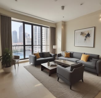 Modern living room with grey sofas, large windows, city skyline view, and minimalistic decor.