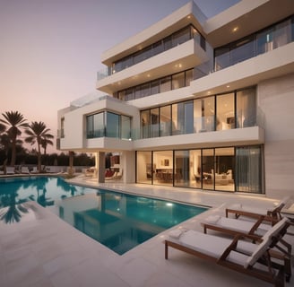 Luxury villa with modern architecture, private swimming pool, sun loungers, and palm trees at sunset