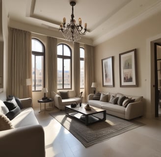 Elegant living room with arched windows, beige furniture, chandelier, and framed wall art.