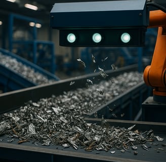 Robotic arm sorting metal scraps on a conveyor belt in a modern recycling facility.