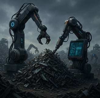 AI robots sorting scrap metal in a futuristic scrapyard.