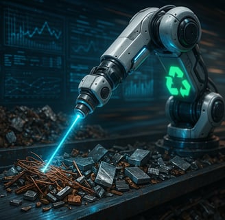 Robotic arm with blue lights sorting metal scraps amid holograms and a glowing recycling symbol.