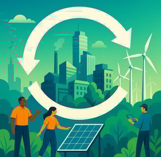 A digital illustration of a sustainable city powered by renewable energy, featuring a circular arrow