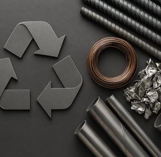 Circular economy concept with recycling symbol and assorted metal materials on a gray background.