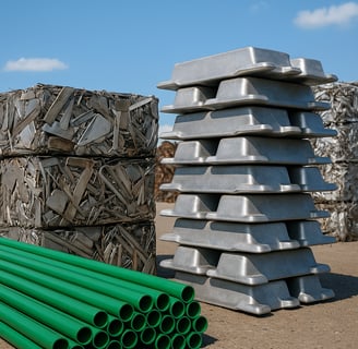Stacks of green metal pipes, aluminum ingots, and compressed scrap metal bales at a recycling yard 