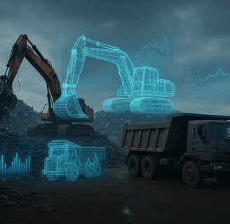 Scrap yard with holographic digital-twin overlays on machinery.