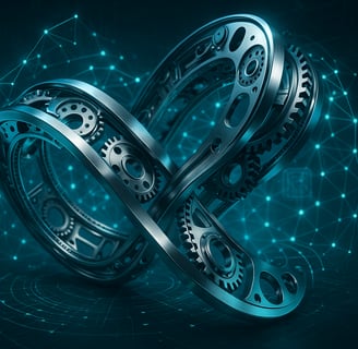 Polished metal infinity loop amid glowing digital nodes.