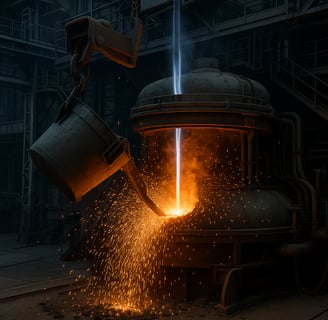 photo of an electric arc furnace melting scrap steel with vivid sparks flying, set in a dark industr