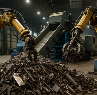 A high-resolution image showing robotic arms processing and sorting a pile of metal scrap using adva