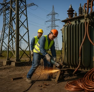 Workers dismantle an old substation for metal recycling, with wind turbines and coiled copper nearby