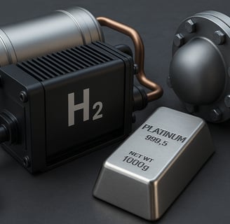 Hydrogen fuel cell with copper pipes, platinum ingot, and metal tanks.