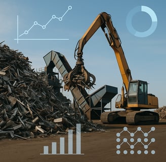 Excavator sorting scrap metal with data graphs overlaid.