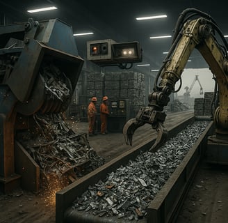Ultra-realistic metal recycling plant with industrial shredder, robotic arm, control panel workers,