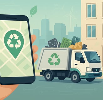 Smartphone showing recycling pickup app beside a collection truck in the city.