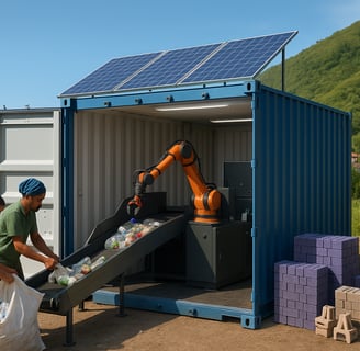 Solar-powered container recycler with robotic arm sorting plastics in a remote coastal village.
