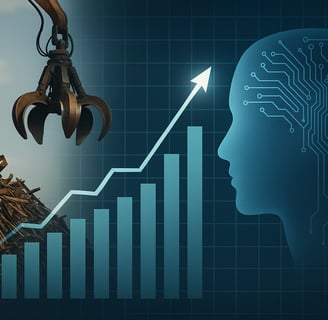 Scrapyard claw, rising data chart, and AI head symbolizing predictive analytics in scrap metal.