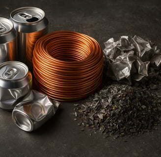 A high-resolution close-up image of various recycled metal materials arranged artistically on a dark