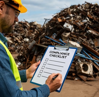 Worker with compliance checklist at scrap metal yard.