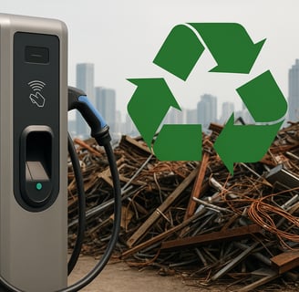 EV charging station beside scrap metal pile with city skyline in background.