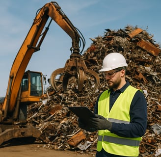 Worker in a safety vest and hard hat auditing a scrap metal yard, with a hydraulic handler lifting