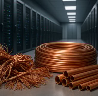 Scrap copper wires and tubes in front of modern data center server racks.