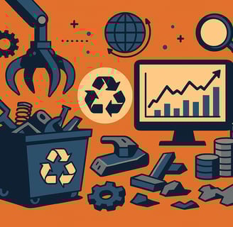 A conceptual digital illustration depicting a scrap metal recycling facility with a large claw cran