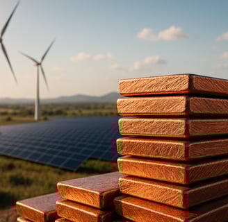A high-resolution digital photograph features a stack of shiny copper ingots in the foreground, set