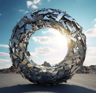 A large circular sculpture made from scrap metal recycling materials, including metal sheets and ele
