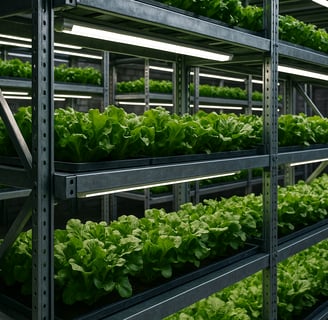 Hydroponic lettuce growing on recycled metal shelves under LED lights.