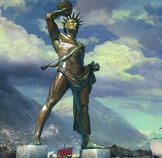 ma estátua do titã-deus do Sol da mitologia grega, Hélios, erguida na cidade de Rodes