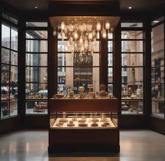 A display of luxury handbags arranged neatly on shelves inside a well-lit retail store. The bags vary in color from pink and orange to white and brown. Some mannequins wear accessories like sunglasses and scarves alongside the handbags.