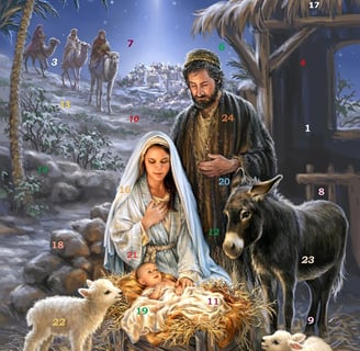 Nativity advent calendar showing Jesus, Mary, Joseph