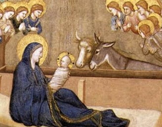 a painting of a nativity of Mary and Jesus in a nativity of a donkey