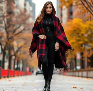 Fall fashion idea with plaid poncho, black bodysuit, leather ankle boots