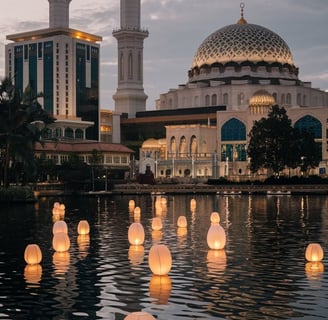 A photo of the Putrajaya Lake with floating lanterns. In the background