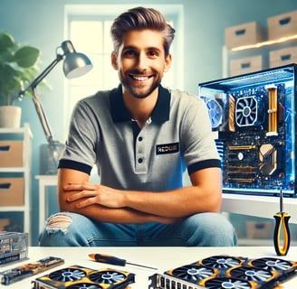 a man sitting at a desk with a computer and a computer