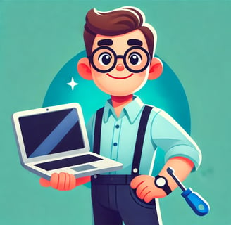 a man in glasses and suspenders holding a laptop