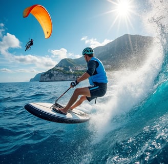 a man is parasailing on a surfboard