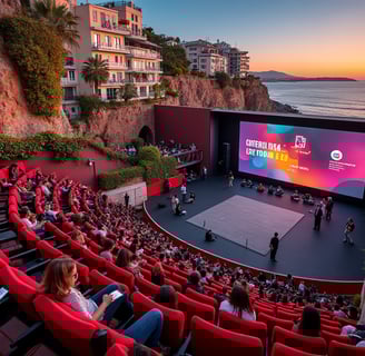 a large screen screen in a large auditorium with people sitting in front of a stage