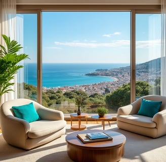 a living room with a view of the ocean