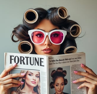 a woman with curl curlers on her face and a magazine in her hands