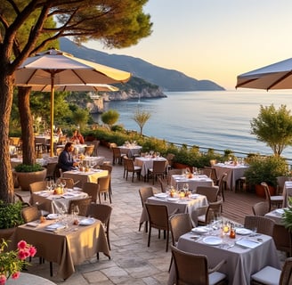 a restaurant with tables and umbrellas on a sunny day in Nice