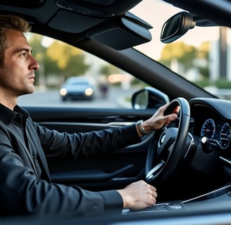 a man in a black jacket is driving a car