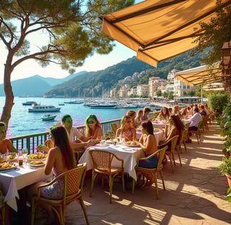 a group of people sitting at a table with food in the French Riviera
