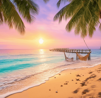 Ai generated image of a beach at sunset with palmtrees, a dock and hammock.