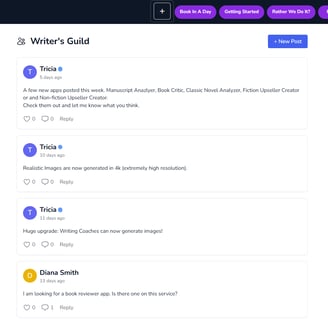 screenshot of the writers guild community